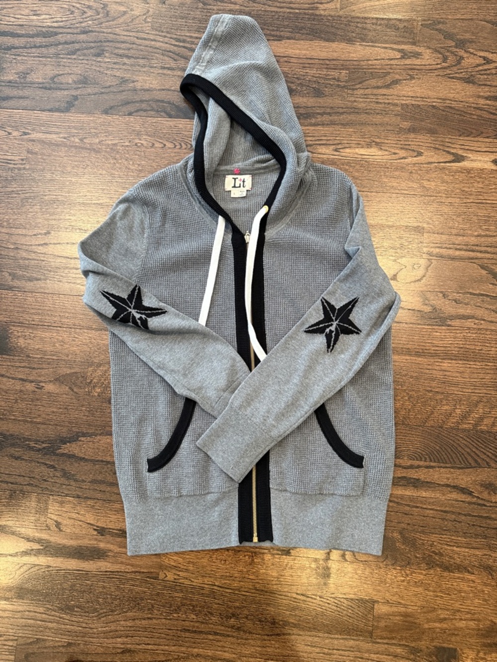 Gray Hooded Zip Cardigan with Star Elbow Patches